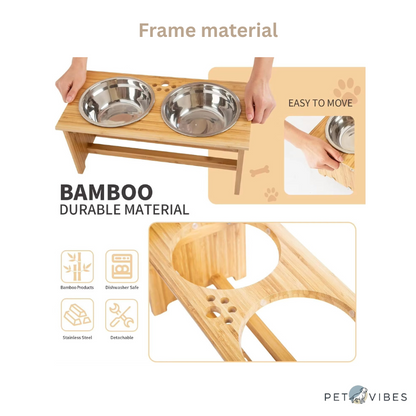 Stylish Raised Dog Feeder - Dual Bowls, Crafted from bamboo and stainless steel