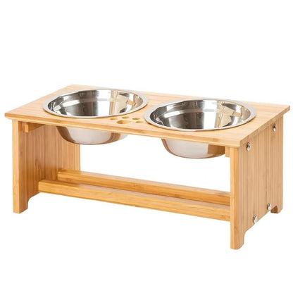 Stylish Raised Dog Feeder - Dual Bowls, Crafted from bamboo and stainless steel